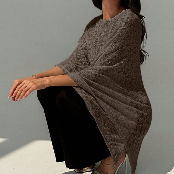 Brown Elegant Womens Off Shoulder Asymmetrical Hem Sheer Casual top - Picture 6 of 8